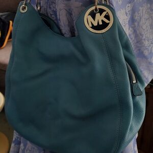 Michael Kors Teal Pebbled Leather Shoulder Hobo with Gold MK Charm